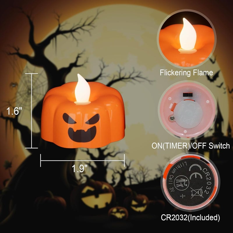 DRomance Halloween Pumpkin Lights Flameless Candles Battery Operated with Timer, 200 Hours Lasting LED Flickering Votive Tealight Candles Spooky Face Halloween Decorations Indoor(6 Pack, 1.9" x 1.6") - Image 2